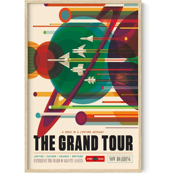 Haus and Hues Space Wall Art Retro Poster - Sci Fi Print NASA Posters, Vintage Space Wall Art, Exploration Wall Art, Retro Posters NASA Art, Space Scifi the Grand Tour (Framed Beige 24x36)