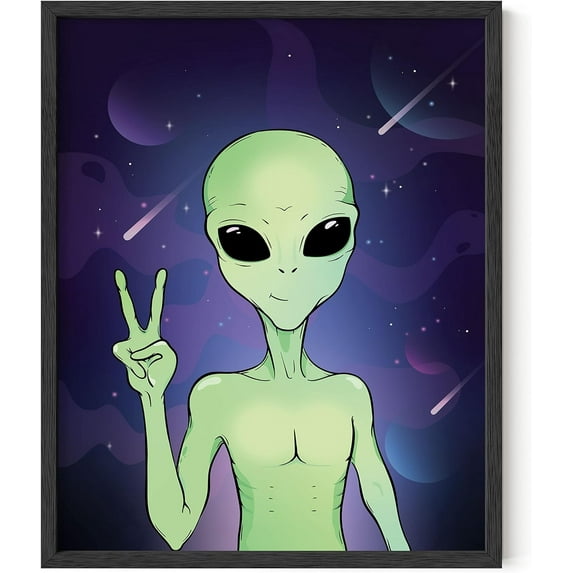 Haus and Hues Trippy Alien Poster & Alien Decor - Edgy Posters Trippy Aliens Poster Cool Alien Wall Decor Aesthetic Trippy Posters for Stoners 90s Alien Painting Alien Portrait (Framed Black, 16x20)