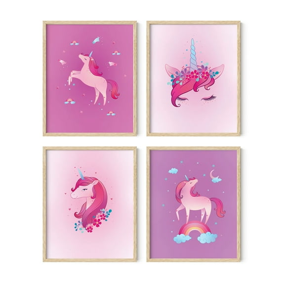 Haus and Hues Unicorn Art Prints - Set of 4 Unicorn Wall Art & Pop Art Wall Decor & Painting, Unicorn Decor & Poster for Teen Rooms (Framed Beige 16x20)