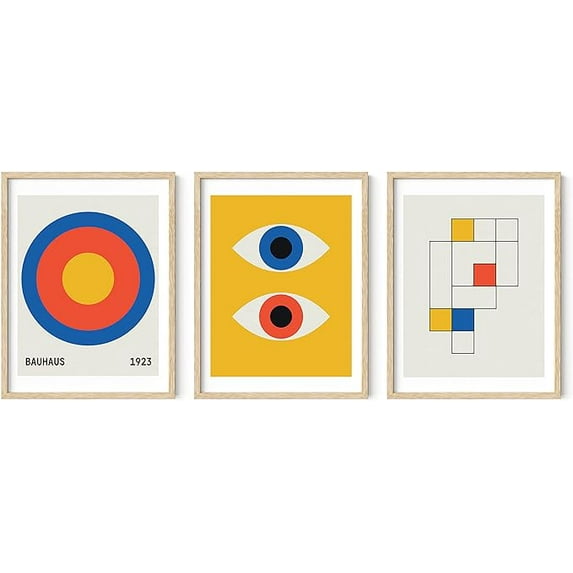 Haus and Hues Yellow and Blue Art - Set of 3 Bauhaus Geometric Pictures for Wall, Modern Art, Abstract Art, Colorful Art, Yellow and Blue Artwork, Neutral Wall Art, Colorful Wall Art (Unframed, 12x16)