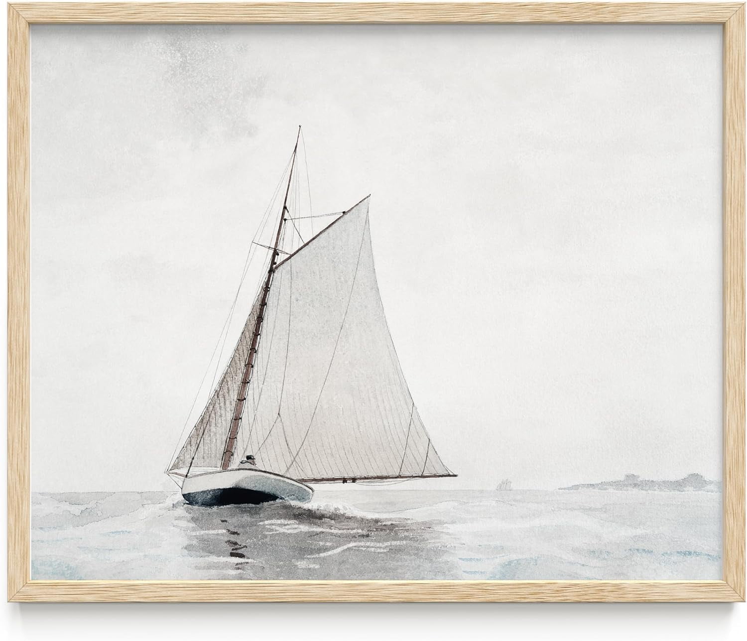 Vintage Sailboat Nature Painting in Oak Frame, 8x10