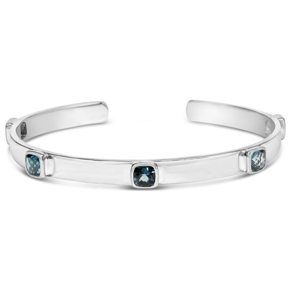 Haus of Brilliance .925 Sterling Silver and Bezel Set Womens 5mm Checkerboard Cushion cut Blue Topaz Bangle - Fits wrists up to 8" Inches