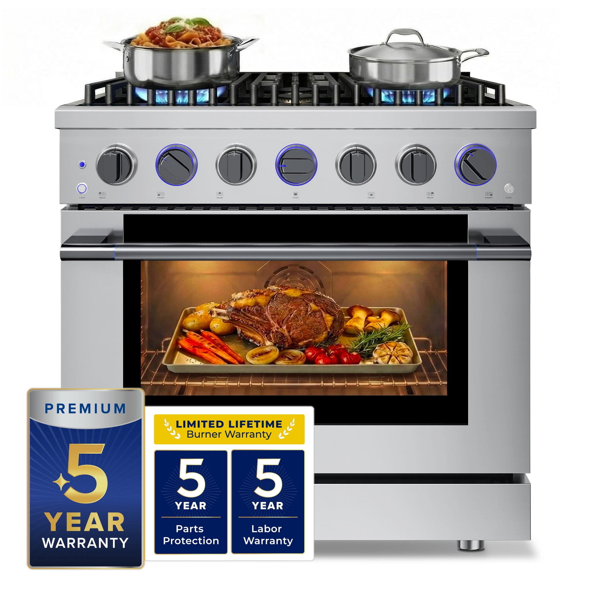 HausPro 36 in. 6 Burners (20,000 BTU) Freestanding Dual Fuel Range in Stainless Steel with Convection Oven Black