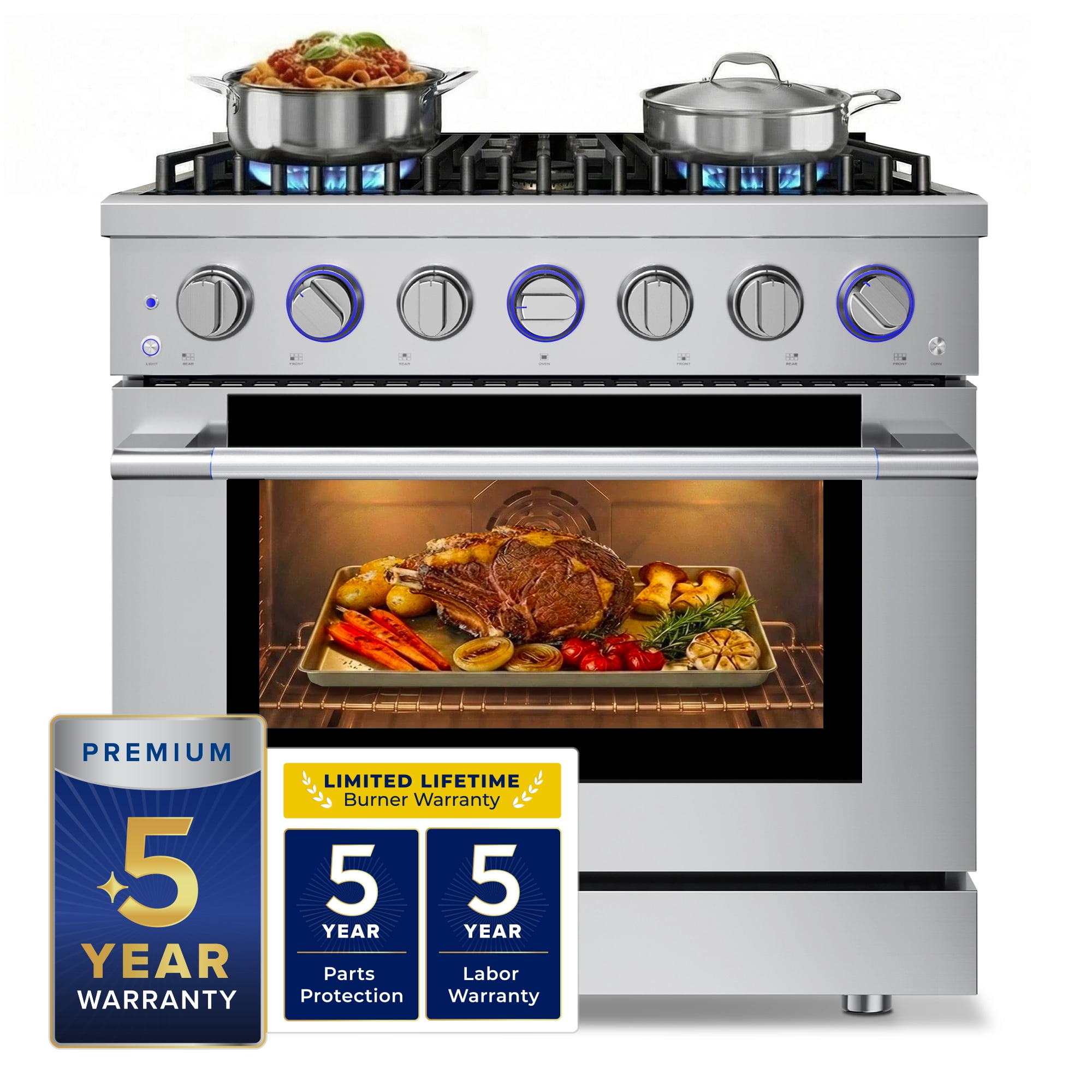 HausPro 36 in. 6 Burners Gas Range in Stainless Steel with 20,000 BTU and Convection Oven with 5 Rack Positions