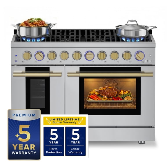HausPro 48 in. 8 Burners Gas Range in Stainless with 20,000 BTU and Double Oven with 5 Rack Positions