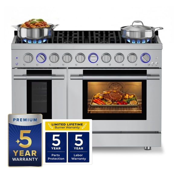 HausPro 48 in. 8 Burners Gas Range in stainless steel with 20,000 BTU and Double Oven with 5 Rack Positions