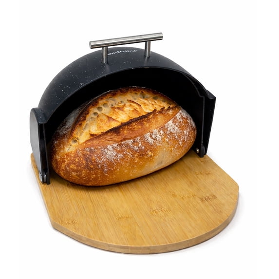 HausRoland Bread Box with Wooden Bottom 14x10x6" (35.5x25x15.2 cm) Countertop Bread Bin Bread Storage Container for Bakery Storage Bin Food Keeper Pastry Box with Roll Top Cover, Black