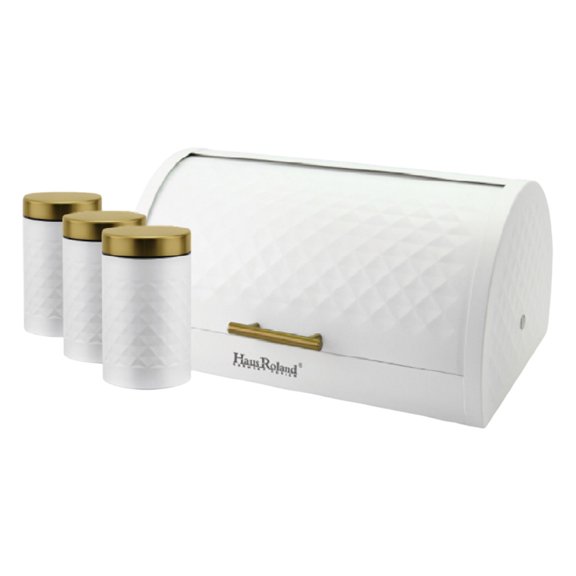 HausRoland Metal Bread Box Set with 3 Storage Jars Countertop Bread Bin Bread Storage Container for Bakery Storage Bin Food Keeper Pastry Box, White