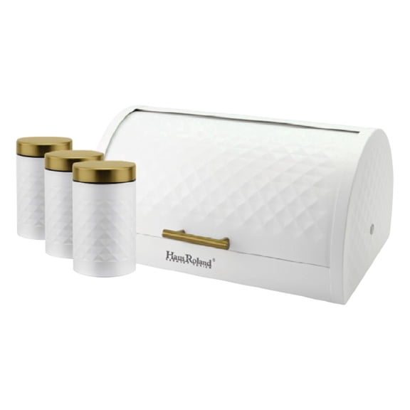 HausRoland Metal Bread Box Set with 3 Storage Jars Countertop Bread Bin Bread Storage Container for Bakery Storage Bin Food Keeper Pastry Box, White