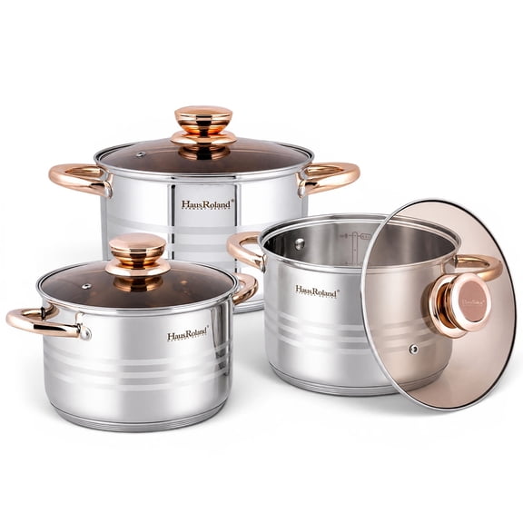 HausRoland Stainless Steel Stockpot Set of 3 with Bronze Glass Lids 6-Piece Cookware Set Kitchen Cooking Set Stock Pots Cooking Pots Casseroles, Silver