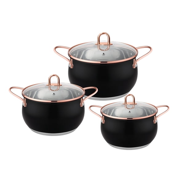 HausRoland Stainless Steel Stockpot Set of 3 with Glass Lids 6-Piece Cookware Set Kitchen Cooking Set Stock Pots with Rose Gold Handles Cooking Pots Casseroles, Black