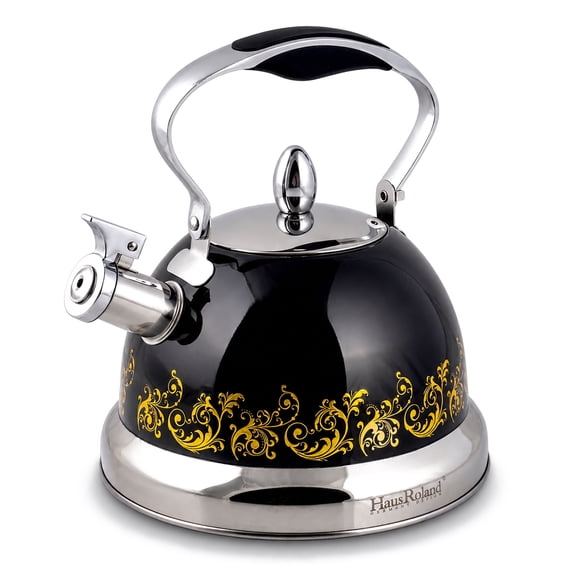 HausRoland Stainless Steel Whistling Kettle 3.7 Qt (3.5 L) Stovetop Kettle with Ergonomic Handle Tea Kettle for Stove Top, Black