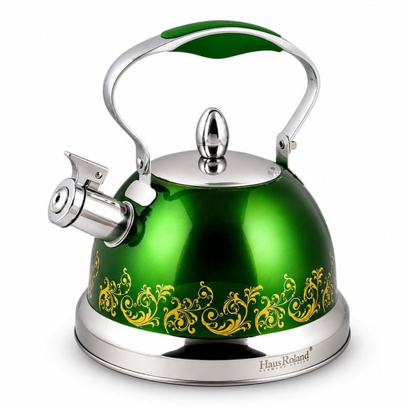 HausRoland Stainless Steel Whistling Kettle 3.7 Qt (3.5 L) Stovetop Kettle with Ergonomic Handle Tea Kettle for Stove Top, Green