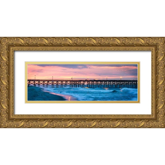 Hausenflock, Alan 24x11 Gold Ornate Wood Framed with Double Matting Museum Art Print Titled - Dawn Over The Pier