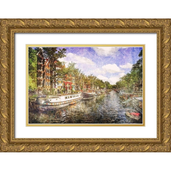 Hausenflock, Alan 32x23 Gold Ornate Wood Framed with Double Matting Museum Art Print Titled - Amsterdam Waterway