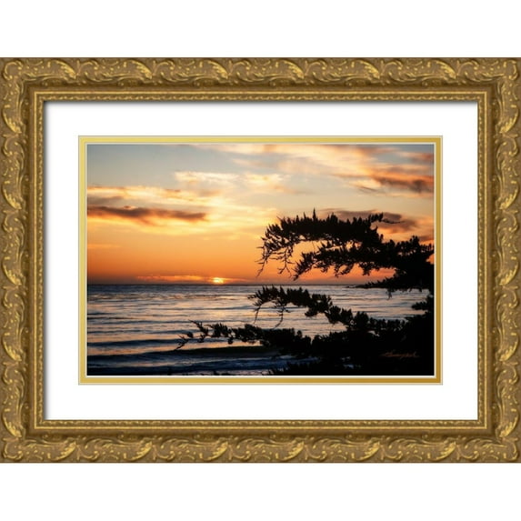 Hausenflock, Alan 32x23 Gold Ornate Wood Framed with Double Matting Museum Art Print Titled - Sunset on Carmel Bay