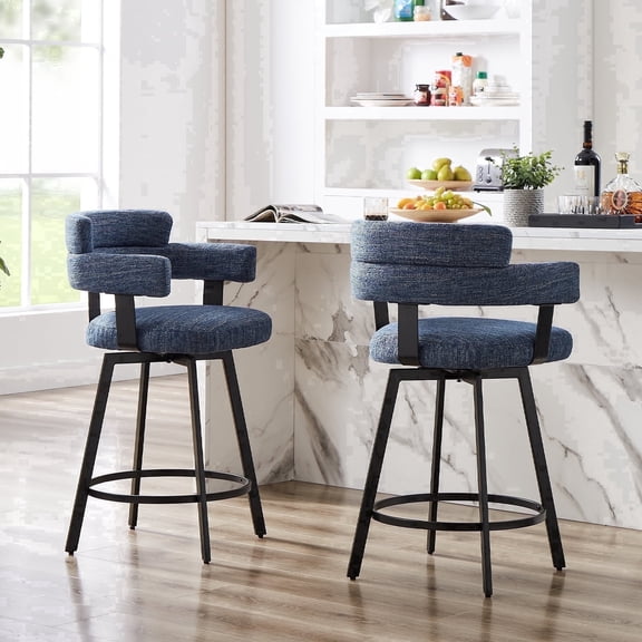 Hausfame 24" Swivel Counter Height Bar Stools, Linen Upholstered Full Back & Durable Metal Footrest, Blue, Set of 2