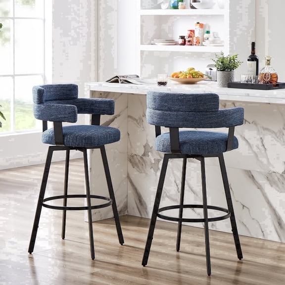 MINPINSER 30" Swivel Bar Height Bar Stools, Linen Upholstered Full Back & Durable Metal Footrest, Blue, Set of 2