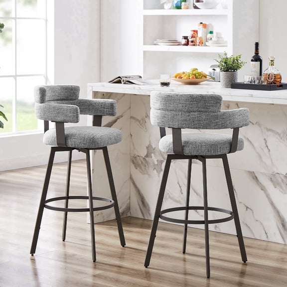 Hausfame 30" Swivel Bar Height Bar Stools, Linen Upholstered Full Back & Durable Metal Footrest, Grey, Set of 2