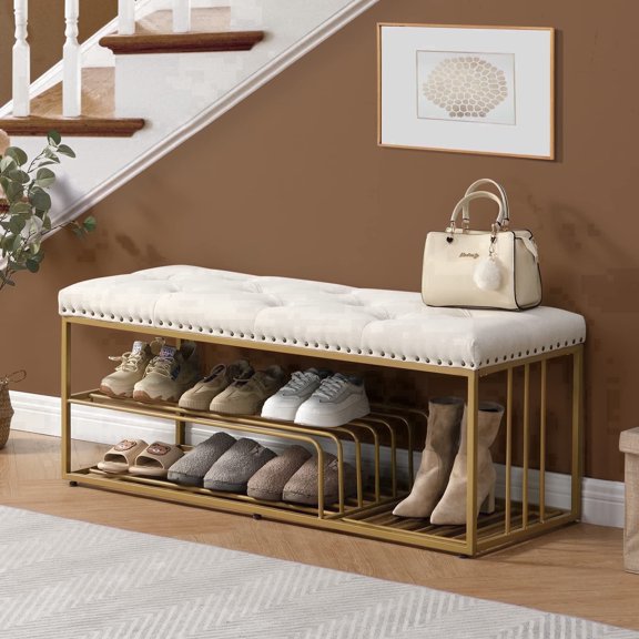 Hausfame 47.2" Tufted Linen Storage Bench with Shoe Rack, Gold Metal FrameBeige