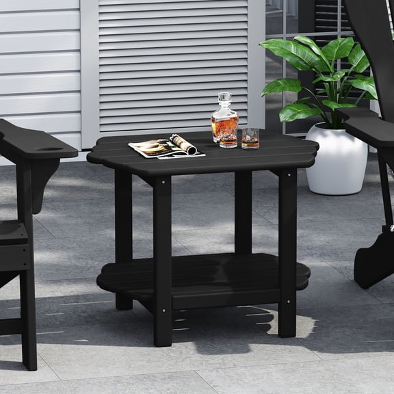 Hausfame Modern 2-Tier Adirondack Outdoor Side Table, HDPE Weather-Resistant Small End Table with Storage Shelf for Patio, Garden & Balcony, Black (Rectangle)