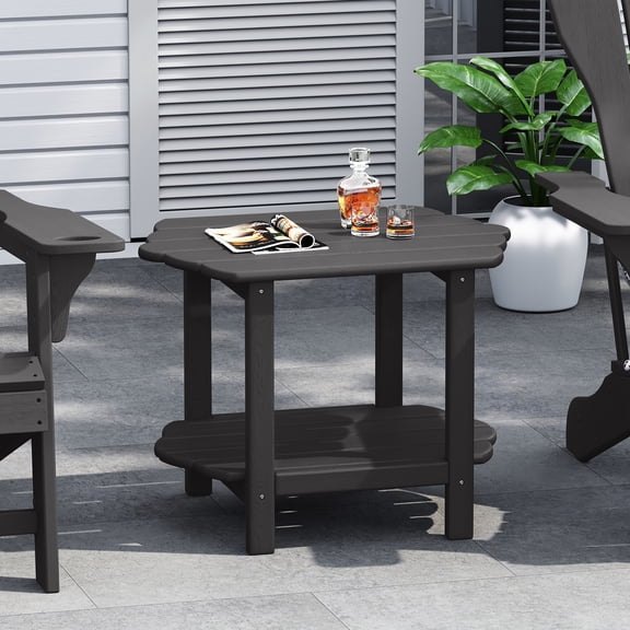 Hausfame Modern 2-Tier Adirondack Outdoor Side Table, HDPE Weather-Resistant Small End Table with Storage Shelf for Patio, Garden & Balcony, Gray (Rectangle)