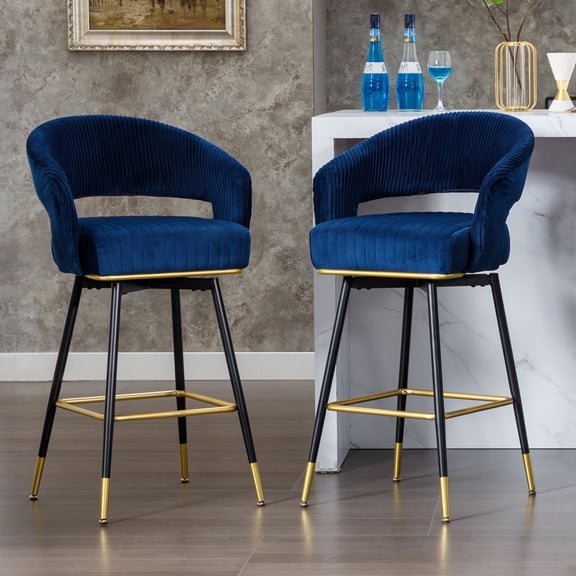 Hausfame Set of 2 Swivel Velvet Bar Stools, Upholstered Counter Height Chairs, Blue