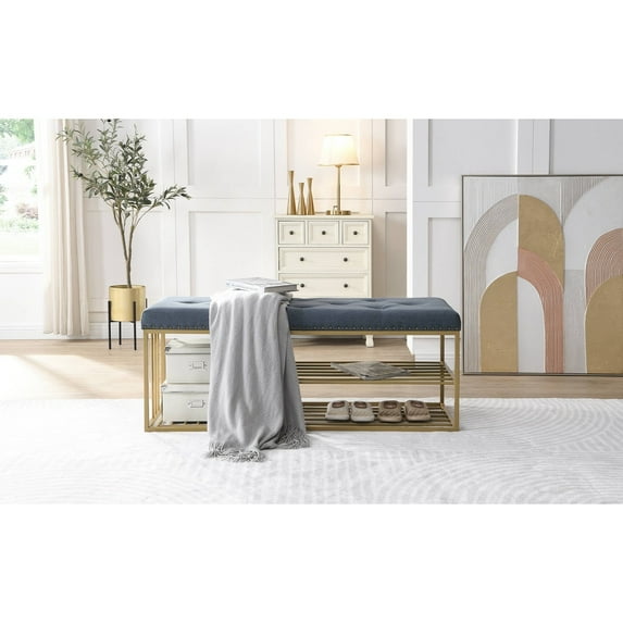 Hausfame Upholstery Shoes Bench-Entryway Shoe Storage with Tufted Padded Seat 47.2 in. W X 17 in. D X 19 in. H - Blue
