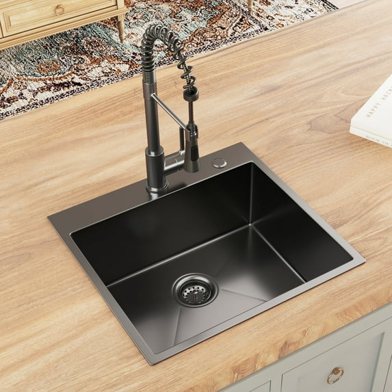 HausinLuck 25" Gunmetal Black Topmount Kitchen Sink, 16 Gauge Stainless Steel Single Bowl Kitchen Sink