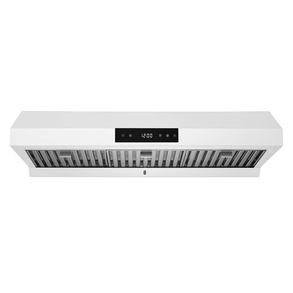 Hauslane | Chef Series | PS18 36" Under Cabinet Range Hood, Matte White Contemporary Modern Design 860 CFM, Touch Screen w/Digital Clock, Dishwasher Safe Baffle Filters, LED Lamps, 3-Way Venting