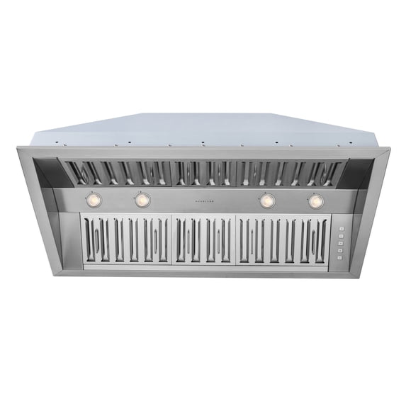 Hauslane | Pro-Style 46” IN-R300 Built-In Range Hood, 21” Deep | Low Noise Performance | Contemporary Design, Full-Size Handles, Professional-Grade Baffle Filters & Grease Tray, LED Lamps