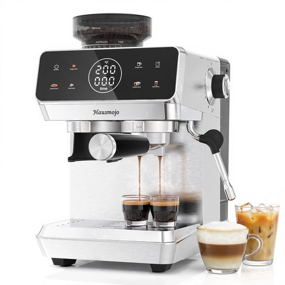 Hausmojo CM1620 Espresso Machine with Grinder and Frother, 20‑Bar Pump, Cold Brew, Latte & Cappuccino, Stainless Steel