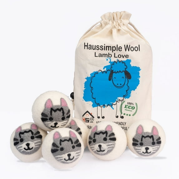 Haussimple Wool Dryer Balls XL Organic Laundry Fabric Softener 6-Pack Handmade Felt Cat