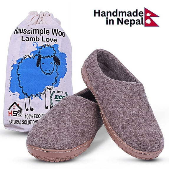Haussimple Unisex Wool Outdoor Slippers, Natural Brown, Size 9W