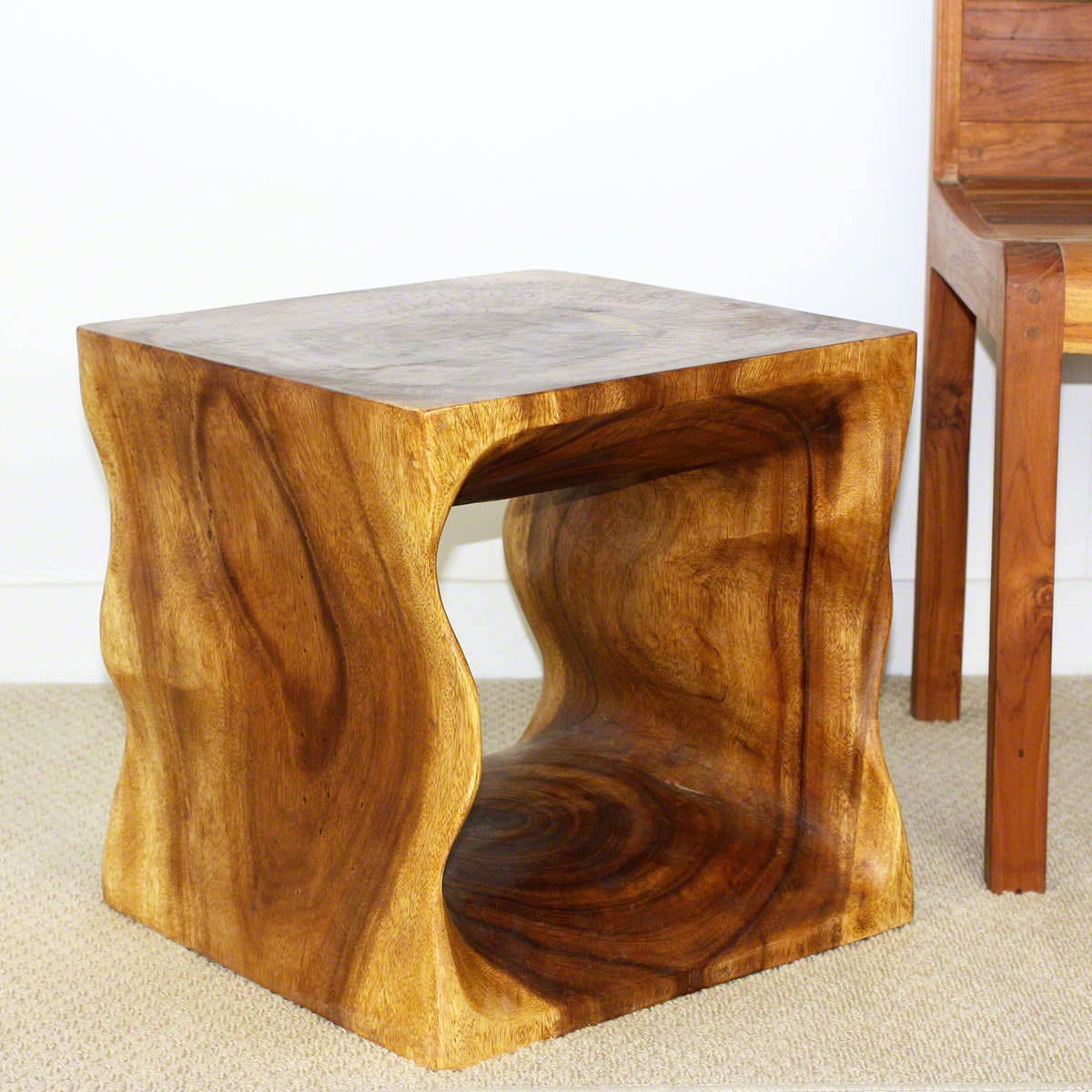 Natural Monkey Pod Wood Cube End Table with Golden Oak Finish
