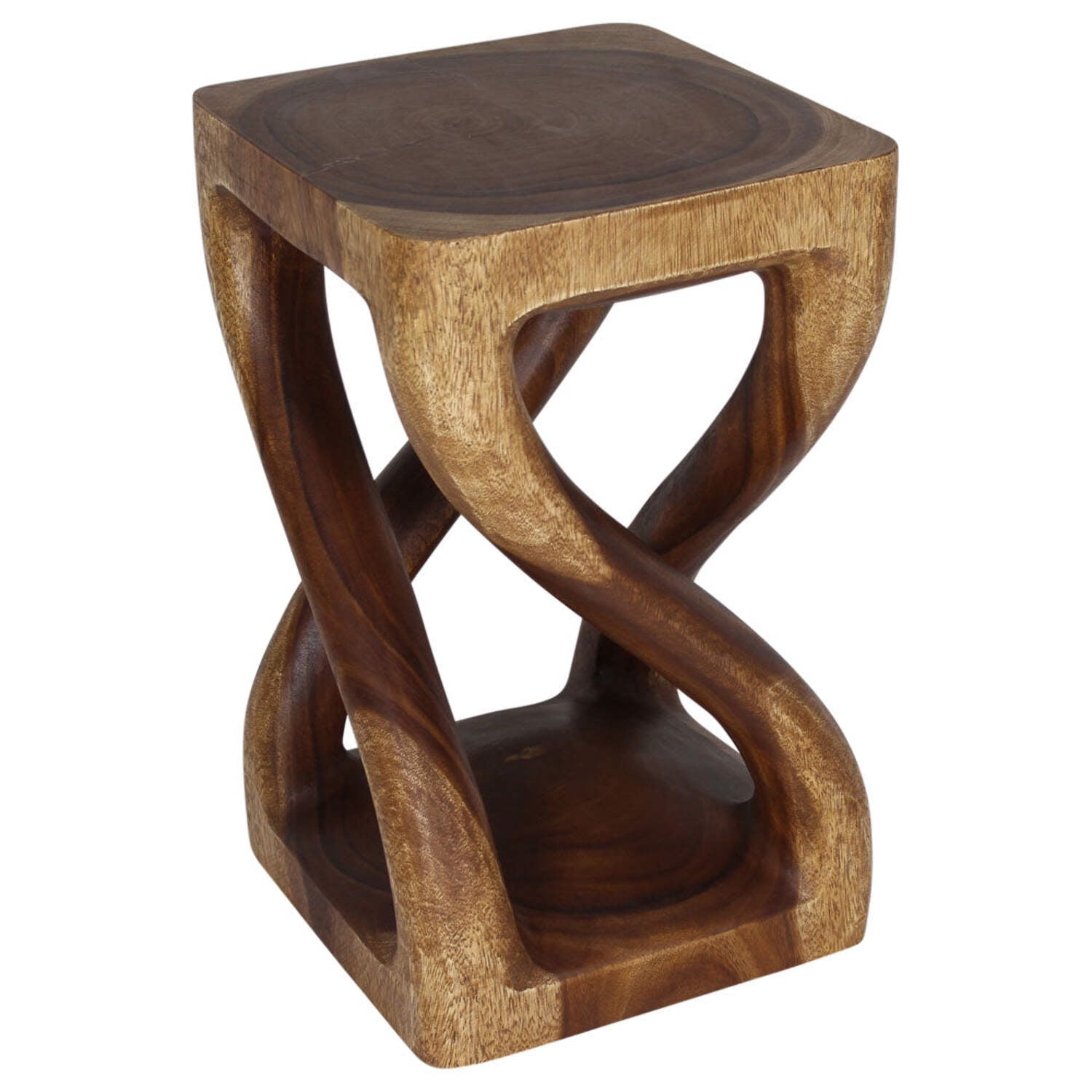 Hand-Carved Walnut Brown Wood Vine Twist Stool Accent Table