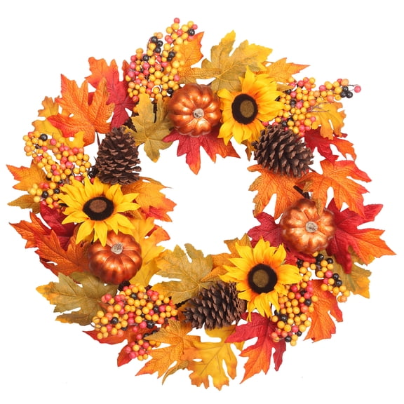 Haute Decor 24 Inch Fall Sunflower Artificial Wreath with Pinecones and Pumpkins