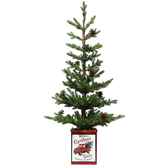 Haute Decor 24 Inch Potted Tree with Pinecones, Metal Pot with Classic Red Truck