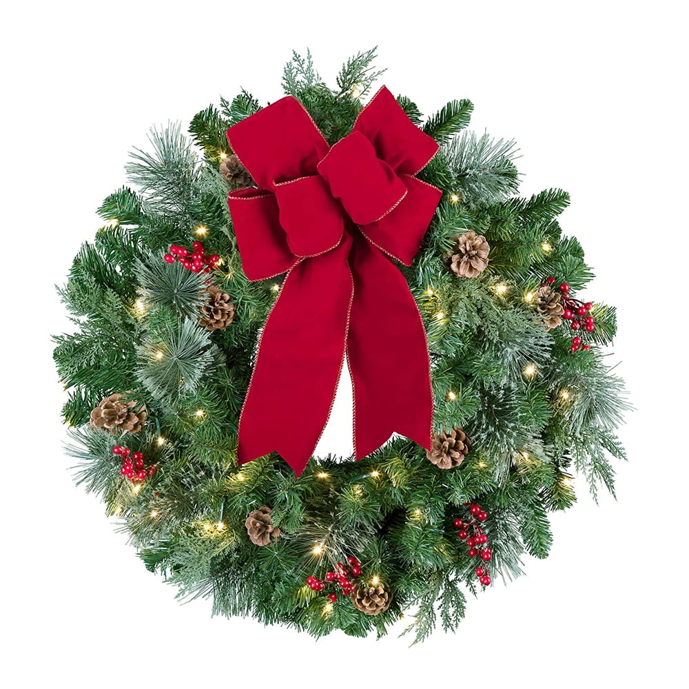 24-Inch Pre-Lit Christmas Wreath with Pinecones and Red Bow