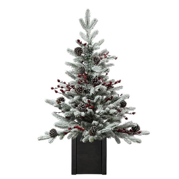 Haute Decor 36 Inch Unlit flocked Stockhorn Potted Fir Tree with Berries and Pinecones in Black Wooden Pot