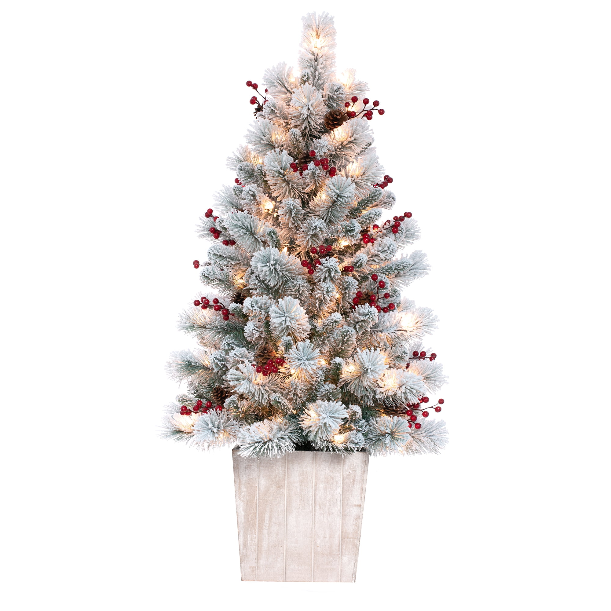 4 Foot Prelit Indoor/Outdoor Shimmering Frosted Pine Potted Tree with –  Haute Decor