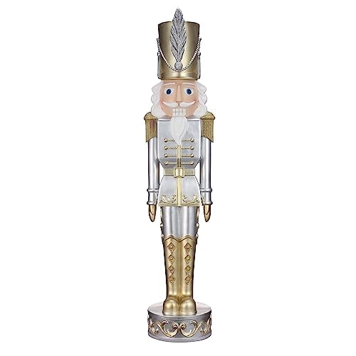 Haute Decor 48-INCH Tall Gold and Silver Christmas Nutcracker - Seasonal Holiday Soldier Statue for Indoor/Outdoor Use - Sturdy Resin Construction