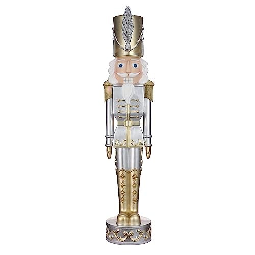 Haute Decor 48-INCH Tall Gold and Silver Christmas Nutcracker - Seasonal Holiday Soldier Statue for Indoor/Outdoor Use - Sturdy Resin Construction