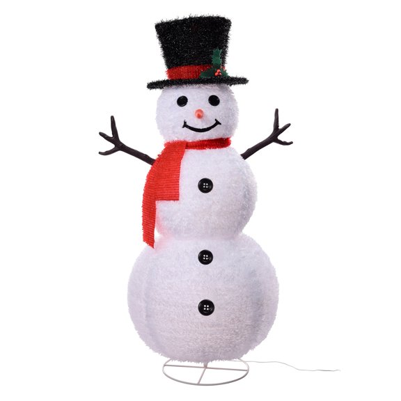 Haute Decor 48 Inch Tall Collapsible Tinsel Fabric Snowman for Indoor or Outdoor Use