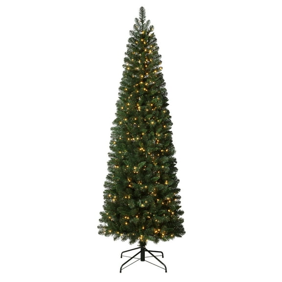 Haute Decor 7.5 Foot Pencil Deerfield Spruce Tree with Warm Pre-Lit LED Cluster Lights and Foot Pedal