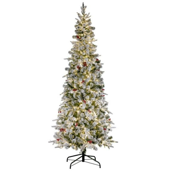 Haute Decor 7 Foot Lexington Fir Slim Flocked Prelit Christmas Tree w/ Red Berries