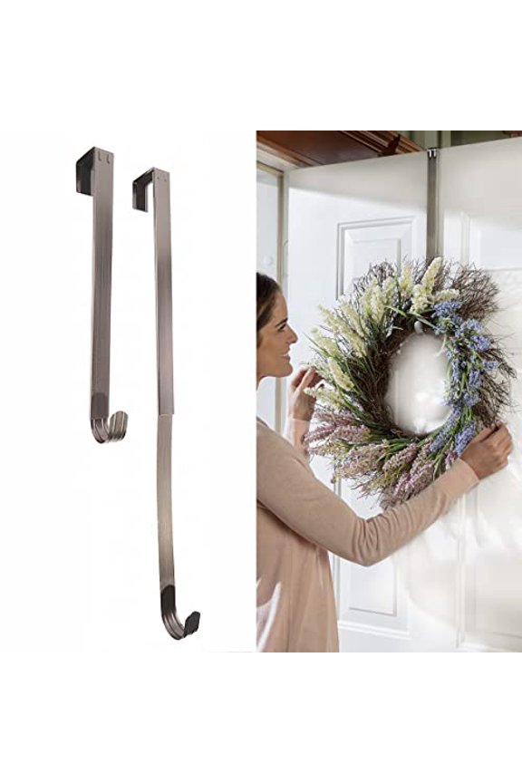 Adapt Adjustable Length Wreath Hanger 2-Pack (Brushed Nickel) - Two Over The Door Wreath Hangers, Extends from 16.5" to 25", Holds up to 10 lbs.