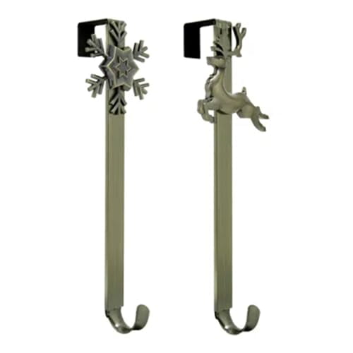 Haute Decor Adapt 2-Pack Adjustable Wreath Hangers with Removable Snowflake and Reindeer Icons - Use with or Without Icons for Year-Round Door Decor (Antique Brass)