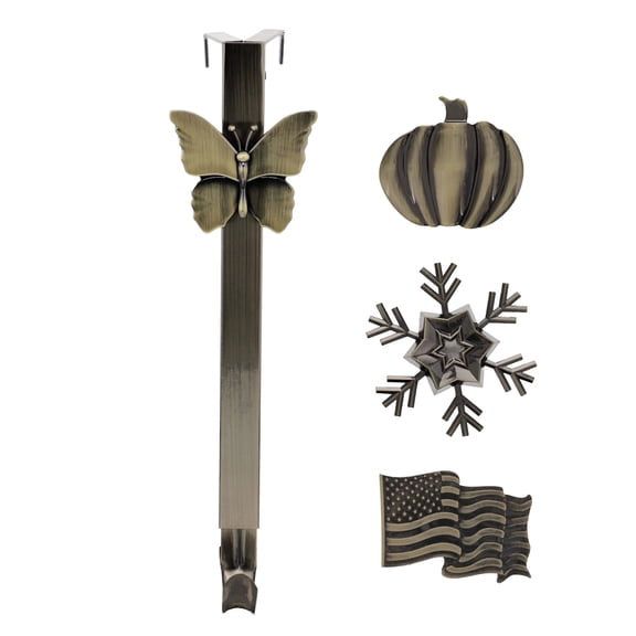 Haute Decor Adapt Adjustable Wreath Hanger, Top & Length Adjustable with snap-on icons (Antique Brass Finish - Flag, Snowflake, Butterfly & Pumpkin Icons) for Every Season