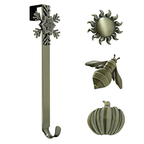 Haute Decor Adapt Adjustable Length Wreath Hanger with Interchangeable Icons (Antique Brass-Sun/Snowflake/Bee/Pumpkin)- 4 Door Wreath Hangers in 1